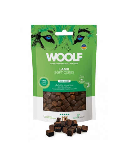 WOOLF Soft Cubes Lamb Monoprotein 100g recompensa monoproteica pentru caini, cu miel