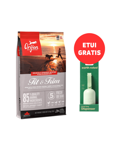 ORIJEN Fit & Trim Dog 11,4 kg + EARTH RATED Dispenser cu saci 15 buc. GRATIS