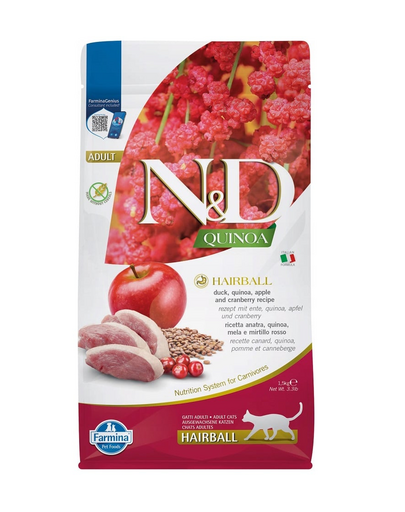 FARMINA N&D Quinoa Cat Hairball Duck, apple, cranberry 1,5 kg Mancare uscata pisica, pentru contreolul ghemotoacelor de blana, cu rata, mere si merisoare