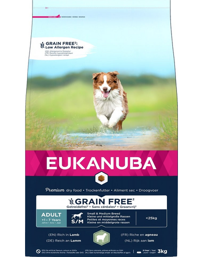 EUKANUBA Grain Free S/M Adult 3 kg Hrana caine talie mica sau medie, cu miel