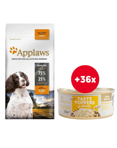 APPLAWS Adult Small & Medium Breed 15kg + 36x156 g GRATIS conserva cu pui in sos