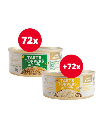 APPLAWS Taste Toppers pui, dovleac si mazare in sos 72 x 156 g + 72 x 156 g GRATIS pui in sos