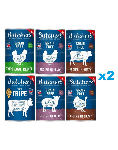 BUTCHER'S Original Mix arome 12x400g sos (vita, curcan) jeleu (pui, miel) pate (rumen, pui si rumen)