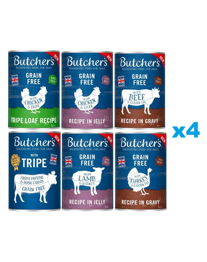 BUTCHER\'S Original Mix arome 24x400g sos (vita, curcan) jeleu (pui, miel) pate (rumen, pui si rumen)