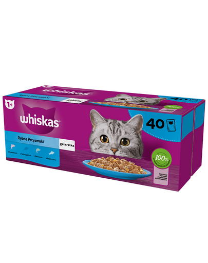 WHISKAS Adult plicuri 40 x 85 g Fish Snacks - hrana completa umeda pentru pisici adulte, in jeleu (bucati cu: somon, ton, cod, peste alb)