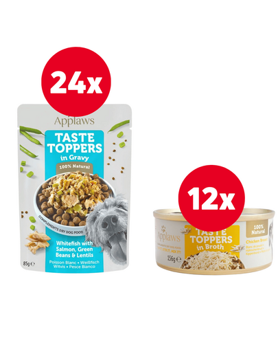 APPLAWS Taste Toppers 24 x 156 g pui, ficat vita si dovleac in sos + 12 x 156 g GRATIS pui in sos