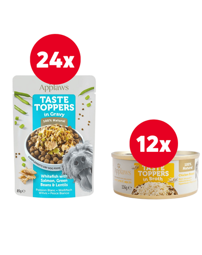 APPLAWS Taste Toppers peste alb, somon in aspic 24 x 85g + 12 x 156 g GRATIS pui in sos