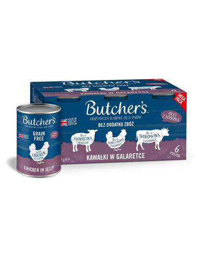 BUTCHER'S Original Recipe in jelly mix ficat sau rinichi 6x400 g bucati vita, miel si pui in aspic, hrana pentru caini