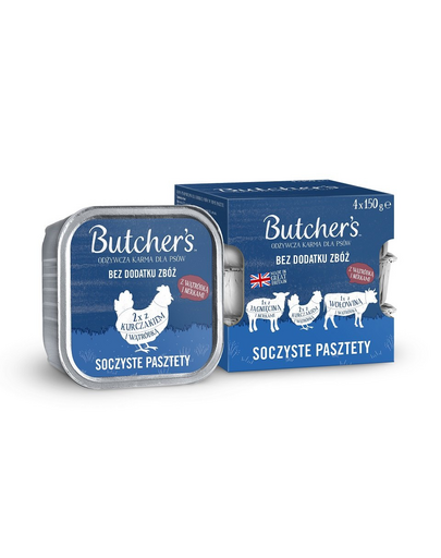 BUTCHER\'S Original Pateu suculent Arome mixte cu ficat sau rinichi 4x150 g pateu cu carne de vită, cu miel și pui pentru câini