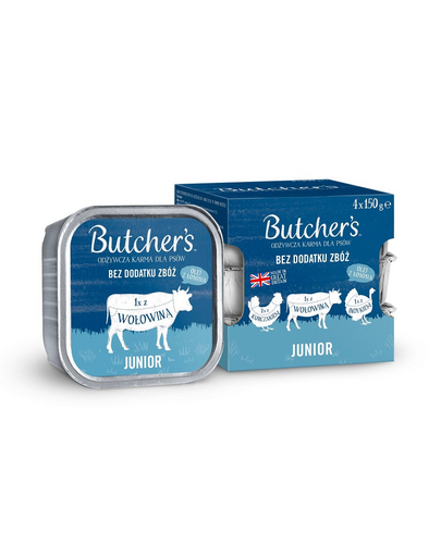 BUTCHER\'S Original Junior mix arome 4x150 g pate de pui, vita si curcan pentru catelusi