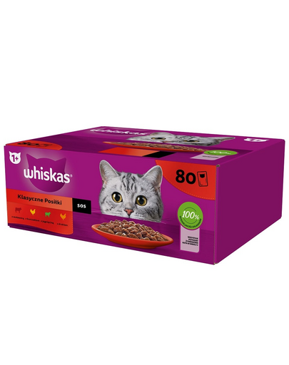 WHISKAS Adult 80x85 g Classic Meals - hrana umeda pentru pisici adulte, in sos (bucati de: vita, pui, miel, pasare)