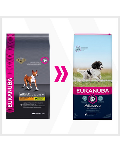 EUKANUBA Active Adult Medium Breed bogat in pui proaspat 15kg hrana caini