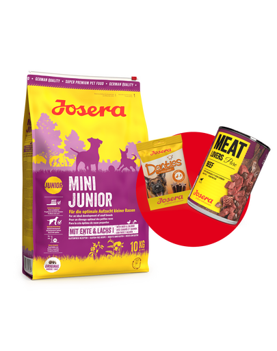 JOSERA Mini Junior 10kg hrana caini rase mici + Meatlovers pure vita 400g & Denties with Duck&Carrot 180g GRATIS