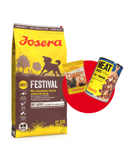 JOSERA Festival 12,5kg hrana cu sos pentru caini pretentiosi + 1 x Denties & Meat Lovers GRATIS