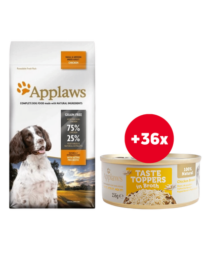 APPLAWS Adult Small & Medium Breed 15kg + 36x156 g GRATIS conserva cu pui in sos