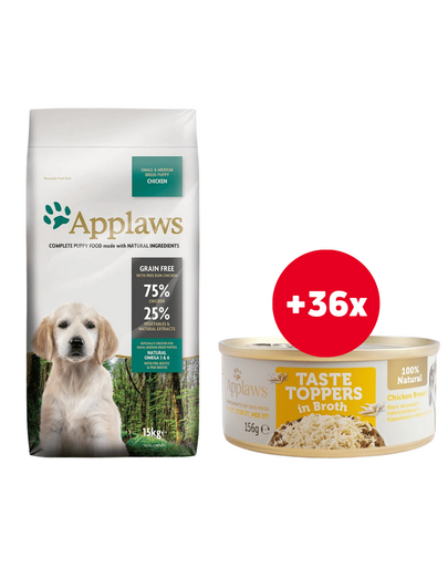 APPLAWS Puppy Small & Medium Breed Chicken 15 kg hrana uscata + 36 x 156 g GRATIS pui in sos