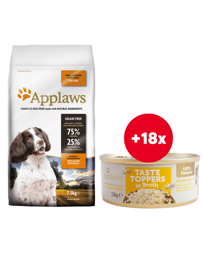 APPLAWS Small & Medium Chicken 7,5 kg +18x156 g GRATIS conserva cu pui in sos