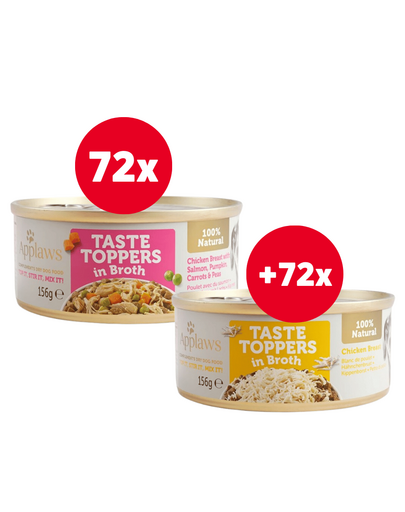 APPLAWS Taste Toppers piept pui, somon, dovleac in sos 72 x 156 g + 72 x 156 g GRATIS pui in sos