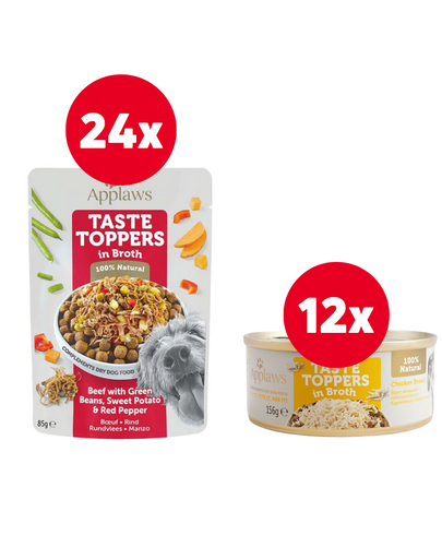 APPLAWS Taste Toppers vita, fasole verde si ardei in sos 24 x 85 g + 12 x 156 g GRATIS pui in sos