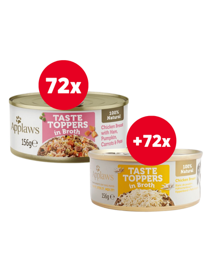 APPLAWS Taste Toppers 72 x 156 g pui, sunca, dovlecel + 72 x 156 g GRATIS pui in sos