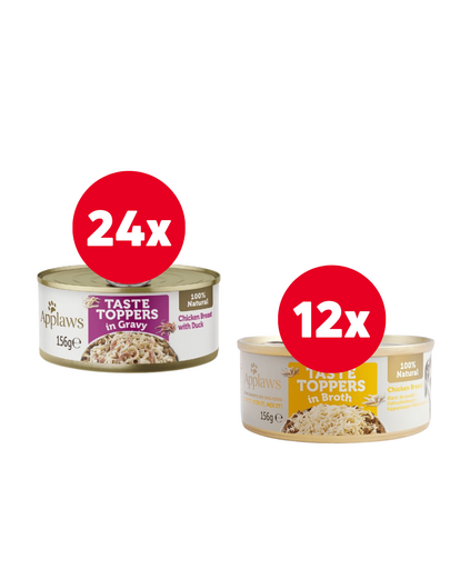 APPLAWS Taste Toppers pui si rata 24 x 156 g + 12 x 156 g GRATIS pui in sos