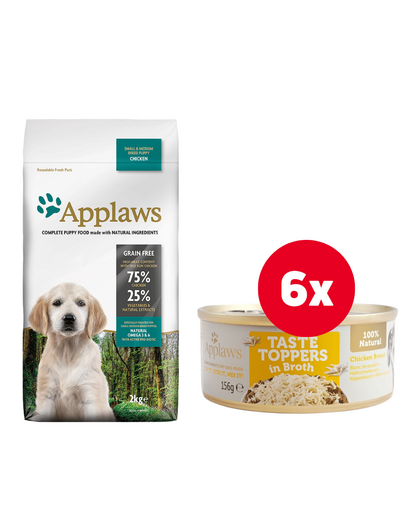 APPLAWS Puppy Small Medium Chicken 2 kg + 6x156 g GRATIS Taste Toppers conserva caine, cu pui in sos