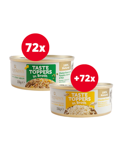 APPLAWS Taste Toppers pui, dovleac si mazare in sos 72 x 156 g + 72 x 156 g GRATIS pui in sos