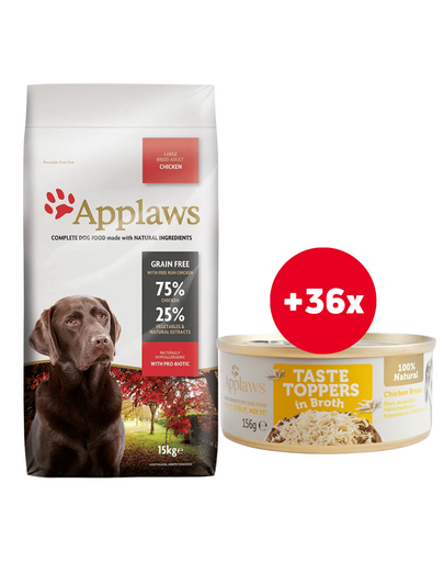 APPLAWS Large Breed Chicken 15 kg + 36x156 g APPLAWS Taste Toppers conserva caine, cu pui in sos GRATIS