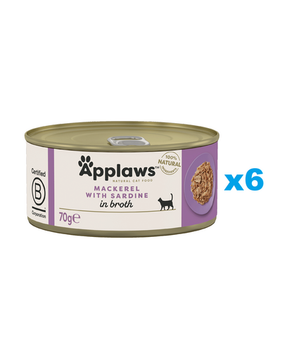 APPLAWS Cat Adult Mackerel with Sardine in Broth Conserva pentru pisici, cu macrou si sardine in sos 6x70 g