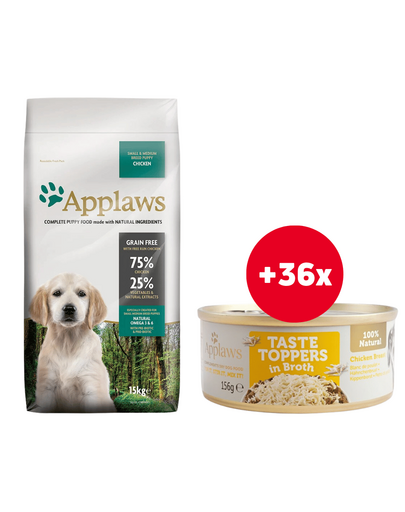 APPLAWS Puppy Small & Medium Breed Chicken 15 kg hrana uscata + 36 x 156 g GRATIS pui in sos