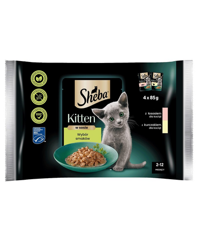 SHEBA Kitten arome in sos 4x85g hrană umeda cu somon si pui pentru pisoiasi