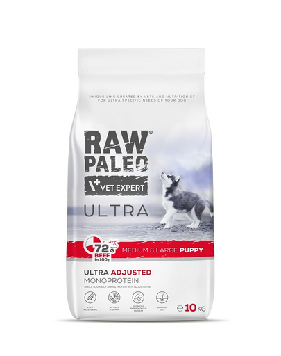 RAW PALEO Ultra Beef Medium&Large Puppy 10kg Hrana uscata cateide talie medie si mare, cu vita