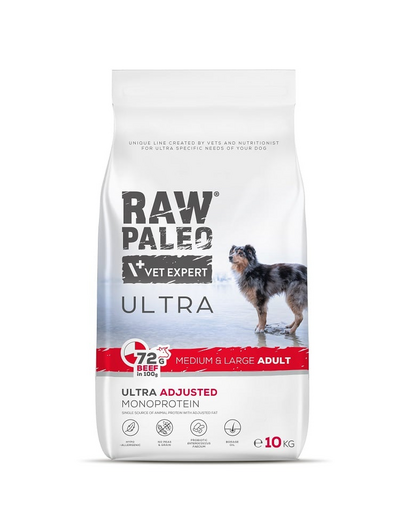 RAW PALEO Ultra Beef Medium&Large Adult 10kg Sac hrana uscata caine talie medie sau mare, cu vita