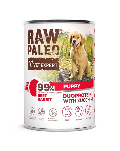 Hrana umeda cu vita RAW PALEO Beef Rabbit Puppy 400g pentru catelusi