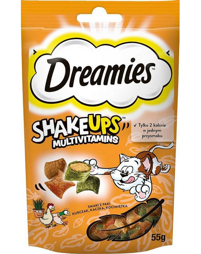 DREAMIES ShakeUps Multivitamins 55g recompensa cu pui, rata si iarba pisicii pentru pisici