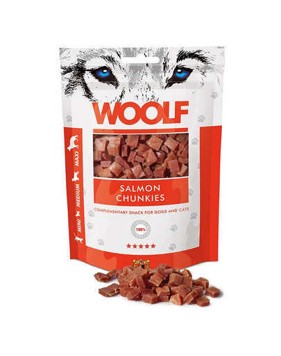 WOOLF Salmon Chunkies 100g snack pisici si caini, bucati somon