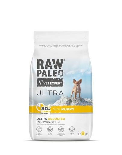 RAW PALEO Ultra Turkey Mini Puppy 8kg Hrana uscata catei talie mica, cu curcan