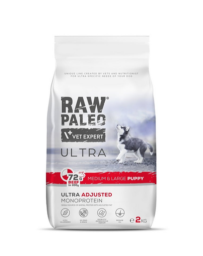 RAW PALEO Ultra Beef Medium&Large Puppy 2kg hrana catei rasa medie si mare, cu vita