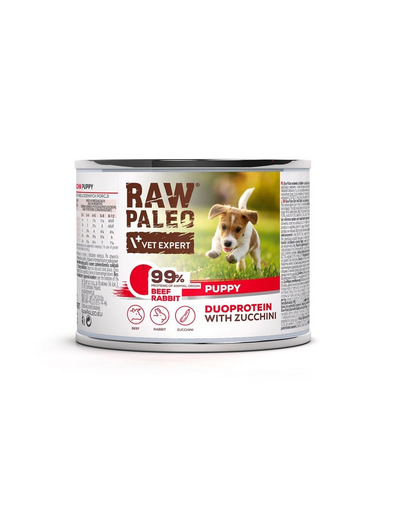 Hrana umeda cu vita pentru catelusi RAW PALEO Beef Rabbit Puppy 200g