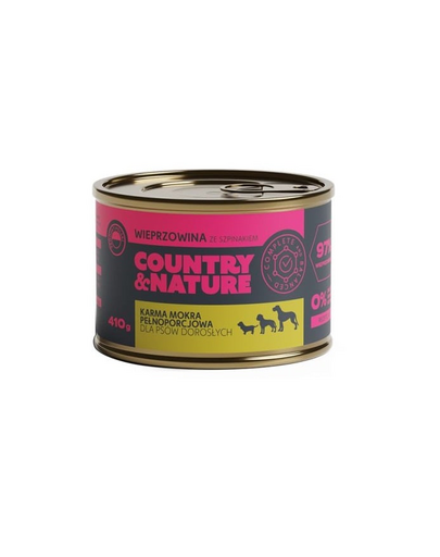 COUNTRY&NATURE Hrana umeda caini, fara cereale, cu porc si spanac 410 g