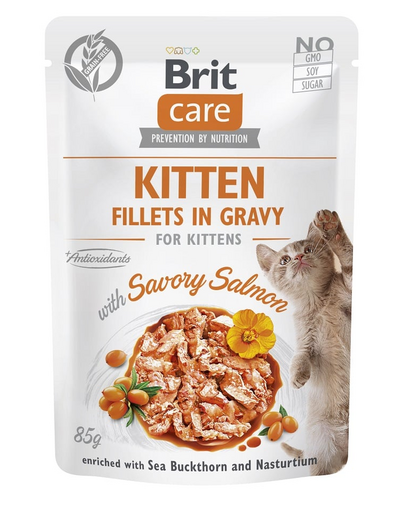 BRIT CARE Fillets in Gravy Pouch Kitten Savory Salmon 24x85g Hrana umeda pisoi, cu somon in sos