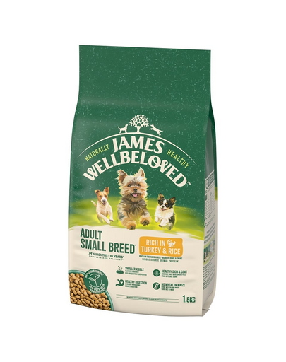 JAMES WELLBELOVED Adult 1,5 kg hrana caini adulti din rase mici 6 luni - 10 ani bogata in curcan si orez