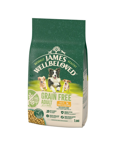 JAMES WELLBELOVED Adult 1,5 kg hrana uscata completa fara cereale pentru caini adulti 1-7 ani bogata in curcan si legume