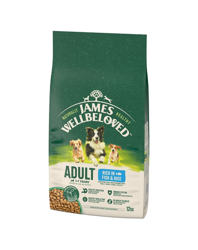 JAMES WELLBELOVED Adult 12 kg hrana cu peste si orez pentru caini adulti 1-7 ani