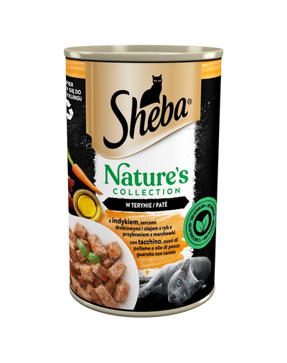 SHEBA pate pentru pisica 400 g Nature\'s Collection curcan, inimi de pasare si ulei de peste cu garnitura de morcovi