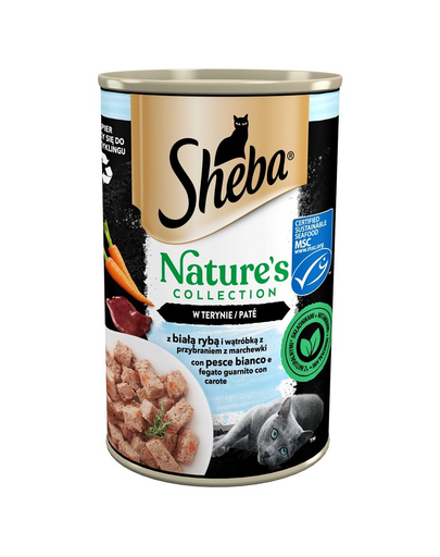 SHEBA conserva hrana pate pisici 400 g Nature\'s Collection cu peste alb si ficat cu garnitura de morcovi