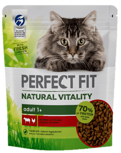 PERFECT FIT Natural Vitality 1+  hrana uscata pentru pisici adulte cu carne de vita si pui 650 g