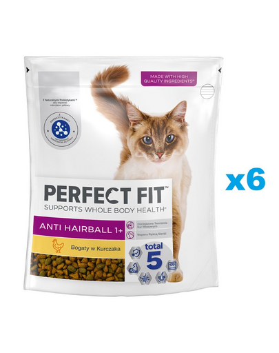 PERFECT FIT Antihairball 1+ 6x750 g hrana pisici adulte, cu pui