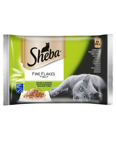 SHEBA Fine Flakes in Jelly Hrana umeda cu pește alb, somon, curcan și pui pentru pisici adulte 52 x 85 g