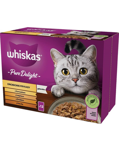 WHISKAS Pure Delight 12x85g Delicii din carne pasare cu pui, curcan, pasare, rata in jeleu